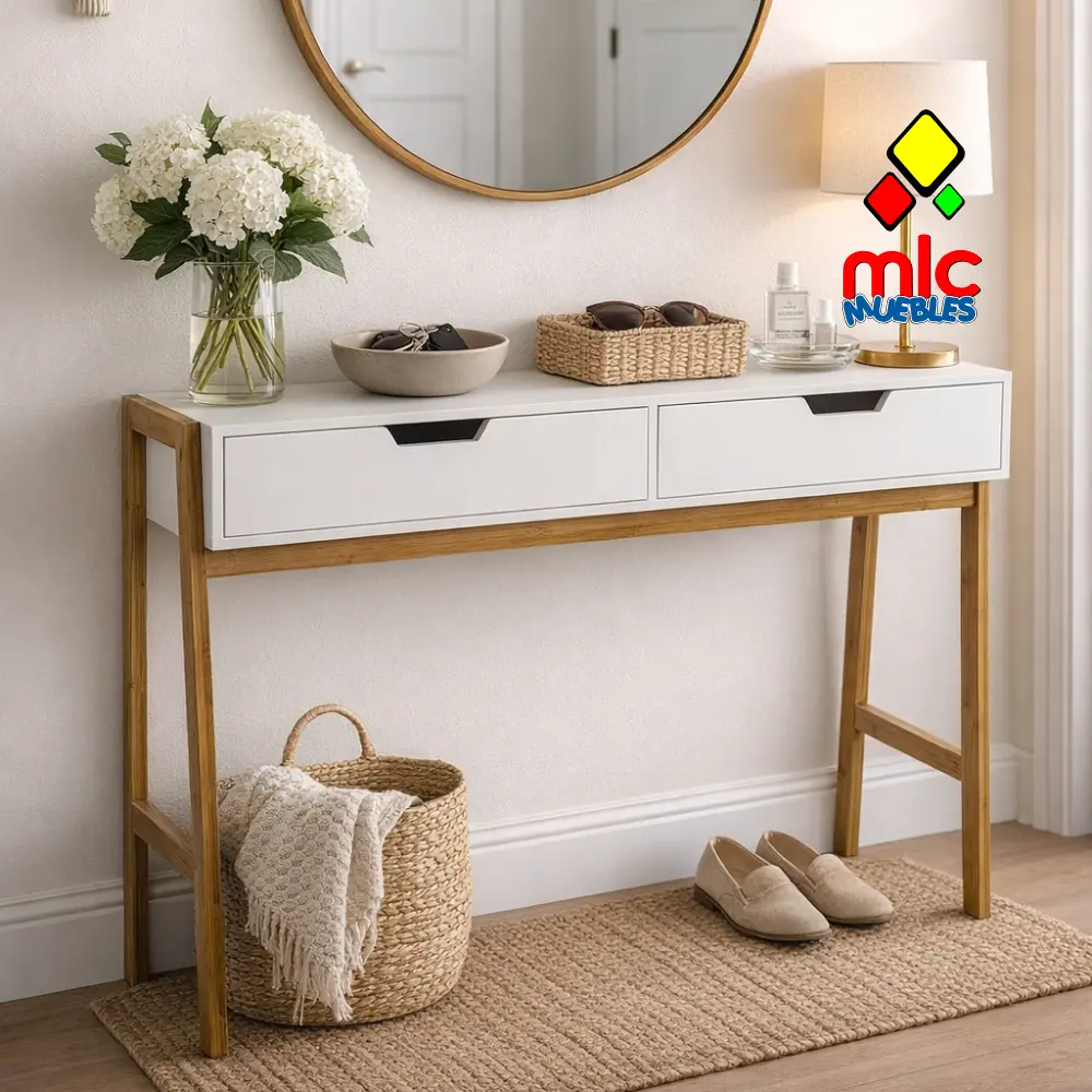 Consola w 1 mueble recibidor blanco y bambu moderno