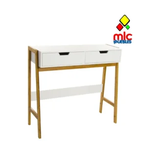 consola de entrada blanca y bambu con 2 cajones