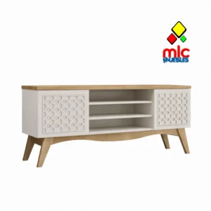 Mueble TV 160 cm 2 puertas y estantes blanco roto y cedro (62)