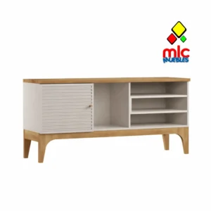 Mueble TV multiusos 1 puerta y estantes blanco roto y cedro 136 cm (62)
